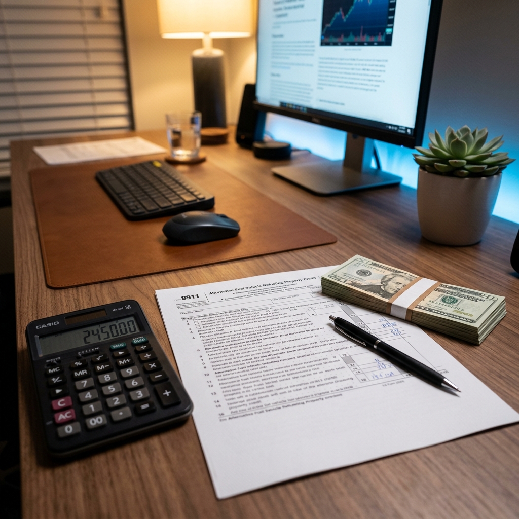 Tax forms, calculator, and cash on desk