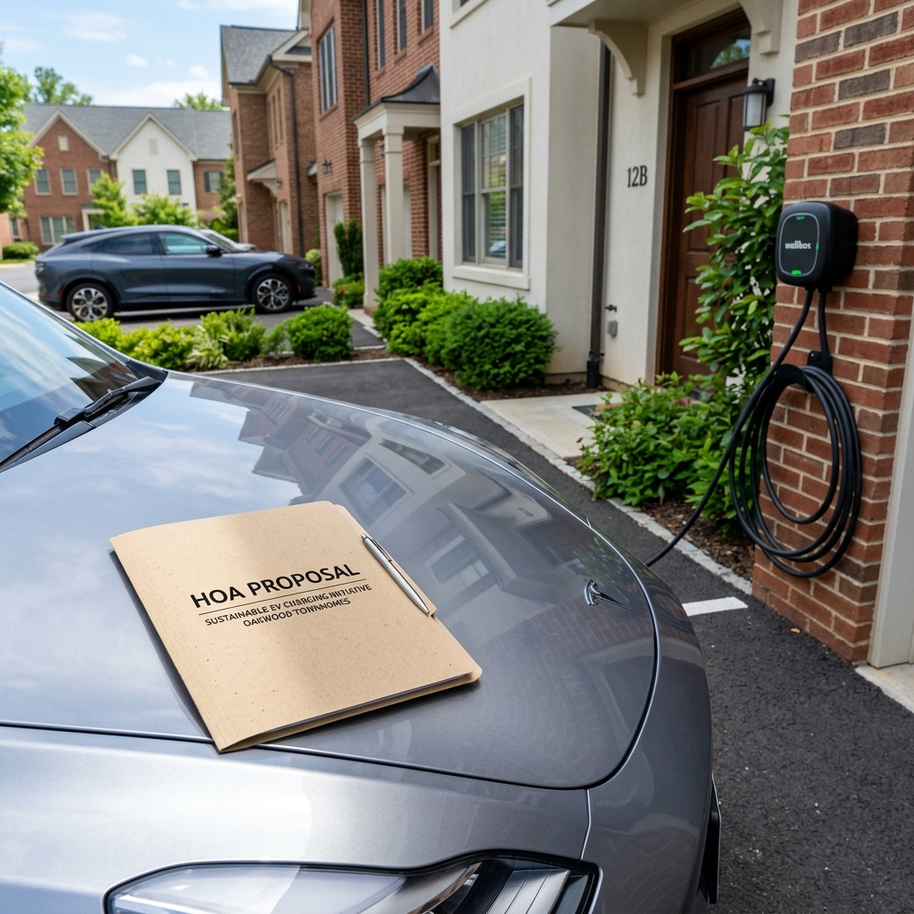 Condo parking space with EV charger and HOA Proposal folder