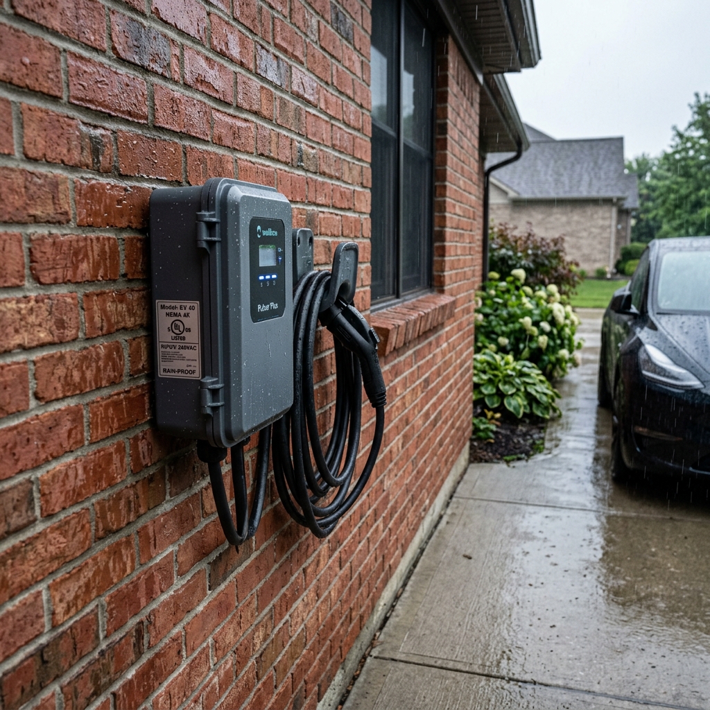 Outdoor mounted EV charger on brick wall next to driveway