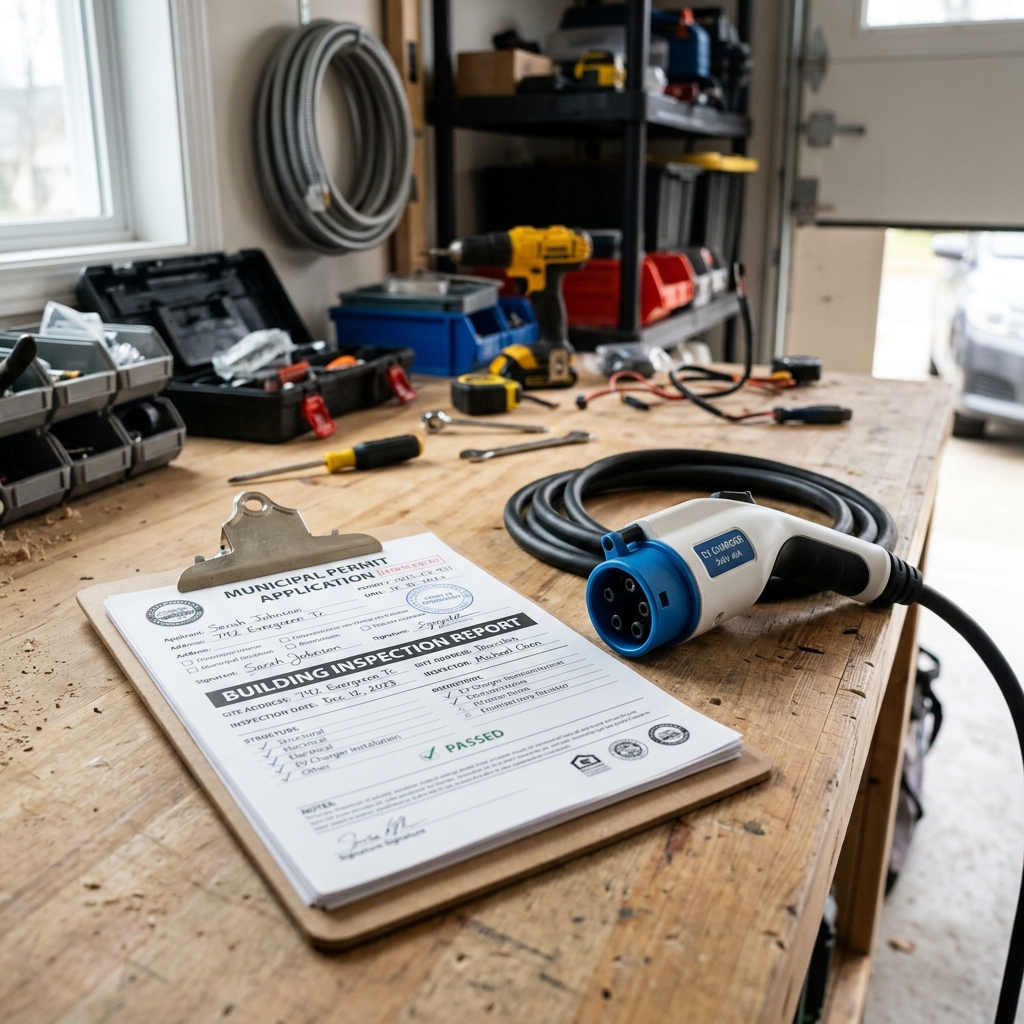 Building permit documents and an EV charger plug