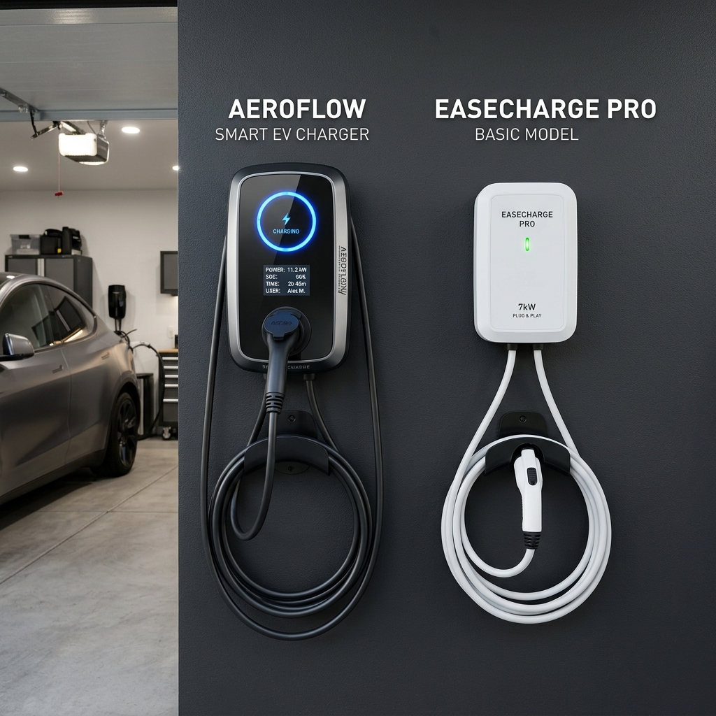 Smart WiFi charger app interface compared to a standard outlet charger